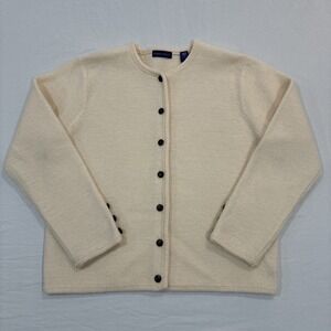 Vintage Karen Scott 100% Wool Cardigan Womens Medium‎ Cream Boxy Button Up